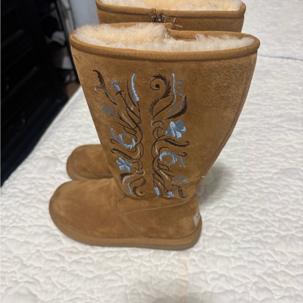 UGG Tan Boots with Blue Embroidery